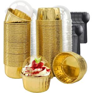 Cupcake Muffin Liners With Lids 100 Pack,LNYZQUS 5.5 Oz Large Foil Baking Cups Muffin Tins,Disposable Ramekins Cupcake Cups Cupcake Wrappers Holders For Wedding Valentine,with Spoons-Gold