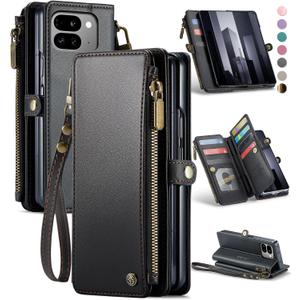 Defencase Compatible with Pixel 9 Pro Fold Case Wallet with RFID Blocking Card Holder & Pen Holder PU Leather Magnetic Snap Flip Zipper Strap Phone Case Fit for Google Pixel 9 Pro Fold, Black