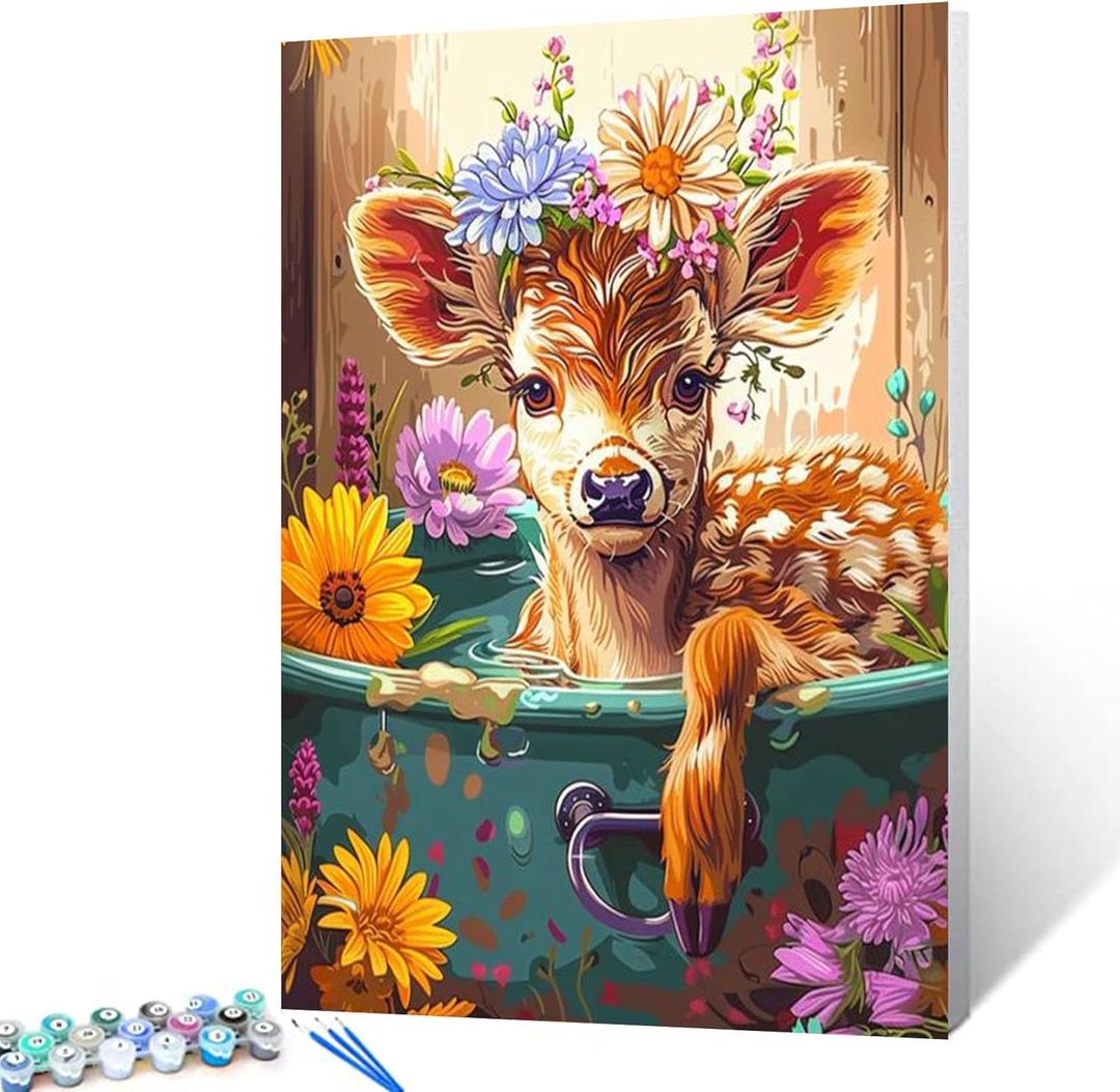 Sika Deer with Flowers in a Bathtub Paint by Number Cute Deer Animal Flowers Painting DIY Painting on Canvas with Brushes Paints Paint by Numbers for Adults and Beginner 16x20 Inchwithout Frame (2 pack)