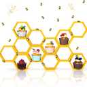 12 Pcs Mini Honeycomb Cupcake Stand Cake Farmhouse Hexagon Display Holder Hexagonal Wood Cupcake Stand Floating Table Sign with 50 Tiny Wooden Bee for Baby Shower (Gold)