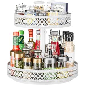 Lazy Susan Organizer 2 Tier - Turntable Spice Rack 12 inch Adjustable Metal Rotating Lazy Susan for Cabinet Pantry Kitchen Countertop Dining Table Cupboard Bathroom Vanity Storage White