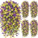 Artificial Hanging Flowers for Outdoors Spring Summer Decoration, 4PCS UV Resistant Silk Fake Hanging Plants for Patio Porch Front Yard Window Garden Indoor Decor(Purple&Yellow,4PCS)
