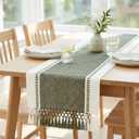 PurpleEssences Table Runner - Wide with Dobby Stripe, Heavy Ribbed Weave & Double Knot Fringes, 14x54 Inch (14x59.5 with Fringes) Farmhouse Decor Spring Easter Summer - Artichoke Green and H.White