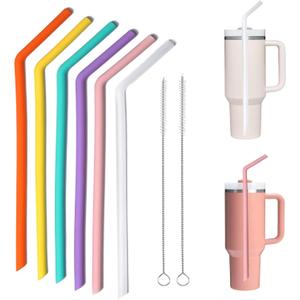 WK ieason Replacement Straws for Stanley Owala 40 oz 30 oz Cup Tumbler, 6pcs 12 Inch Long Silicone Reusable Bent Straw with Cleaning Brush for Stanley Owala Tumbler Accessorie