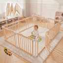 BlueWood Wooden Baby Playpen, Foldable Play Yard with Door, 82.5x55 Inch, 10 Panels, Natural Wood