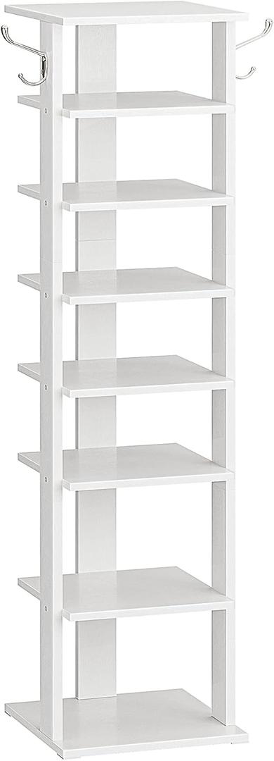 HOOBRO 8 Tiers Vertical Shoe Rack, Wooden Shoe Storage Organizer with Hooks, Narrow Shoe Tower for 8 Pairs, Space Saving, for Entryway, Living Room, Bedroom, White WT07XJ01G1