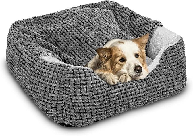 GASUR Dog Beds for Small Medium Large Dogs with Cover Cave, Rectangle Hooded Dog Puppy Bed with Blanket, Cozy Anti-Anxiety Cat Beds for Indoor Cats, Anti-Slip Bottom and Machine Washable (20", Grey)