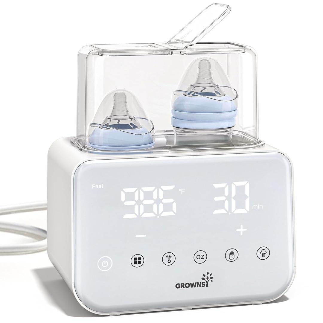 Baby Bottle Warmer, Grownsy 10-in-1 Fast Bottle Warmer Accurate Temp Control, with LCD Display, Timer, Defrost, Sterili-zing, Keep 24H, Double Bottle Warmer for Breastmilk& Formula, Heat Baby Food (Beige)