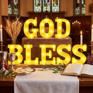 Aurelema 8 Pcs God Bless LED Letter Lights Sign God Bless Baptism Decorations Battery Powered Primera Comunion First Holy Communion Decorations for Baptism Party