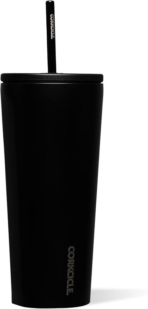 Corkcicle Cold Cup Insulated Tumbler with Straw - Keeps Drinks Cold for 12 Hours - Triple-Insulated Stainless Steel - Leak-Resistant Lid - Summer Drinkware Gift - 24 oz - Matte Black