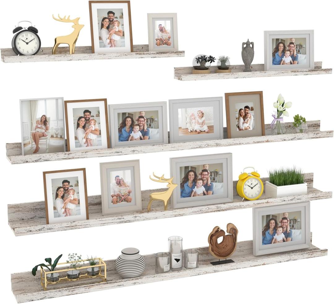 Giftgarden 47 Inch Long Floating Shelves for Wall Set of 5, Distressed White Wood Wall Shelves for Bathroom, Bedroom, Kitchen, Living Room Storage and Decoration, Rustic Wooden Picture Ledge