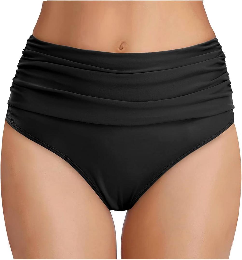 Tempt Me Women's High Waisted Bikini Bottom Tummy Control Ruched Bathing Suit Swim Bottom, M