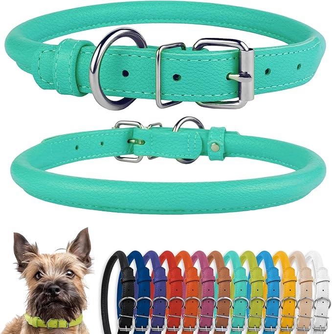 CollarDirect Rolled Leather Dog Collar, Soft Padded Round Puppy Collar, Handmade Genuine Leather Collar Dog Small Large Cat Collars 13 Colors (7-8 Inch, Mint Green Smooth)