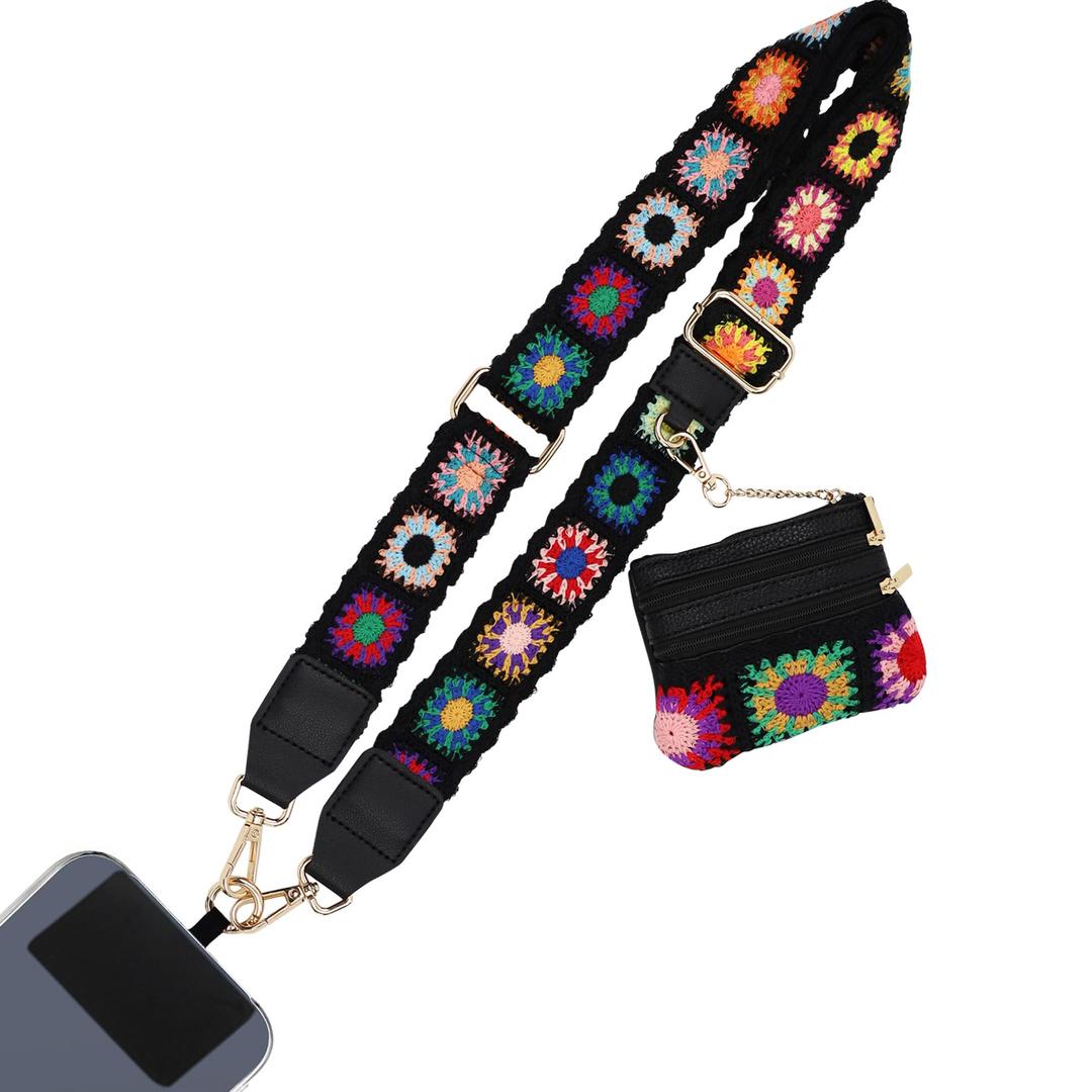 SCINYMC Phone Lanyard Crossbody with Zipper Pouch, Adjustable Phone Strap with Detachable Wallet/Wrist, Holds Multiple Cards & Cash, Clip and Go Strap Women/Teacher Gift for All Phone, Embroidered