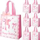 VDESFUEBY 16Pcs Pink Bow Party Favor Bags Non-woven Goodie Gift Bags with Handle Ribbon for Pink Bow Birthday Party Supplies Coquette Birthday Decorations