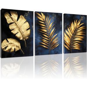 Wivsev Gold Leaf Wall Decor,Green And Gold Wall Art,Tropical Botanical Wall Art for Livingroom,Bedroom,Office (16" x 24" x 3 pcs)