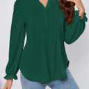 Womens Puff Long Sleeve Tops Henley V Neck Pleated Button Down Shirts Tunic Dress Blouses Business Casual Outfits (Green, S)