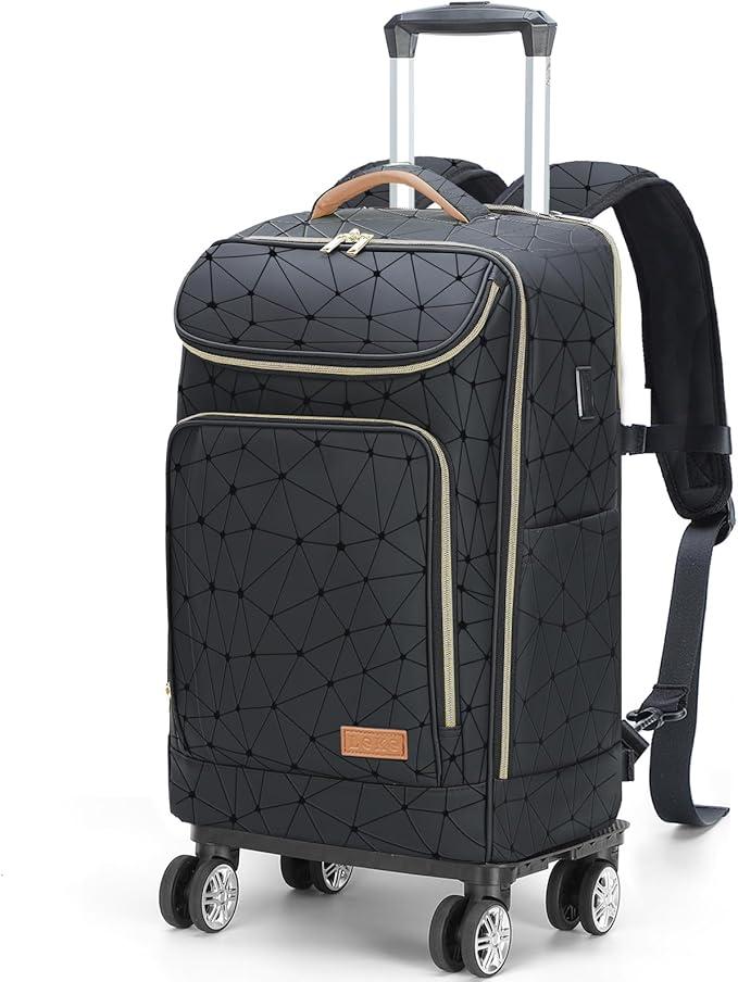 Lekebobor Travel Rolling Backpack, 18 inch Waterproof Backpack with 360° Wheels for 15.6" Laptop, Convertible Airline Approved Travel Backpack for Men & Women, Business, Commuter(Black & Golden)