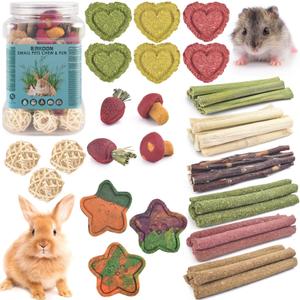 ERKOON 53 Bunny Chew Toys for Rabbits Teeth, Natural Rabbit Toys Apple Wood Sticks, Carrot, Timothy Grass for Small Pets, Hamster, Chinchilla, Guinea Pig Dental Care and Treat Teething(53)