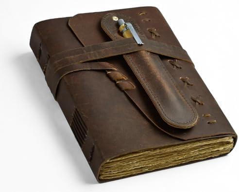 Leather Journal Notebook for Men & Women Daily Vintage Leather Bound Journal Travel Notebook 200 Deckle Lined Paper Diary Writing Journal Travelers Scrapbook Poetry Sketchbook Leather Gifts with Pen