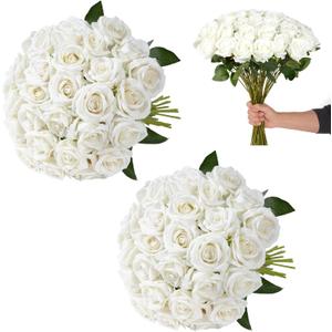 White Roses Artificial Flowers Bulk, 32Pcs Fake Roses Artificial Velvet Roses with Stems, DIY Silk Flowers Roses Bouquet, Realistic Faux Artificial Roses for Mother's Day Home Table Decor