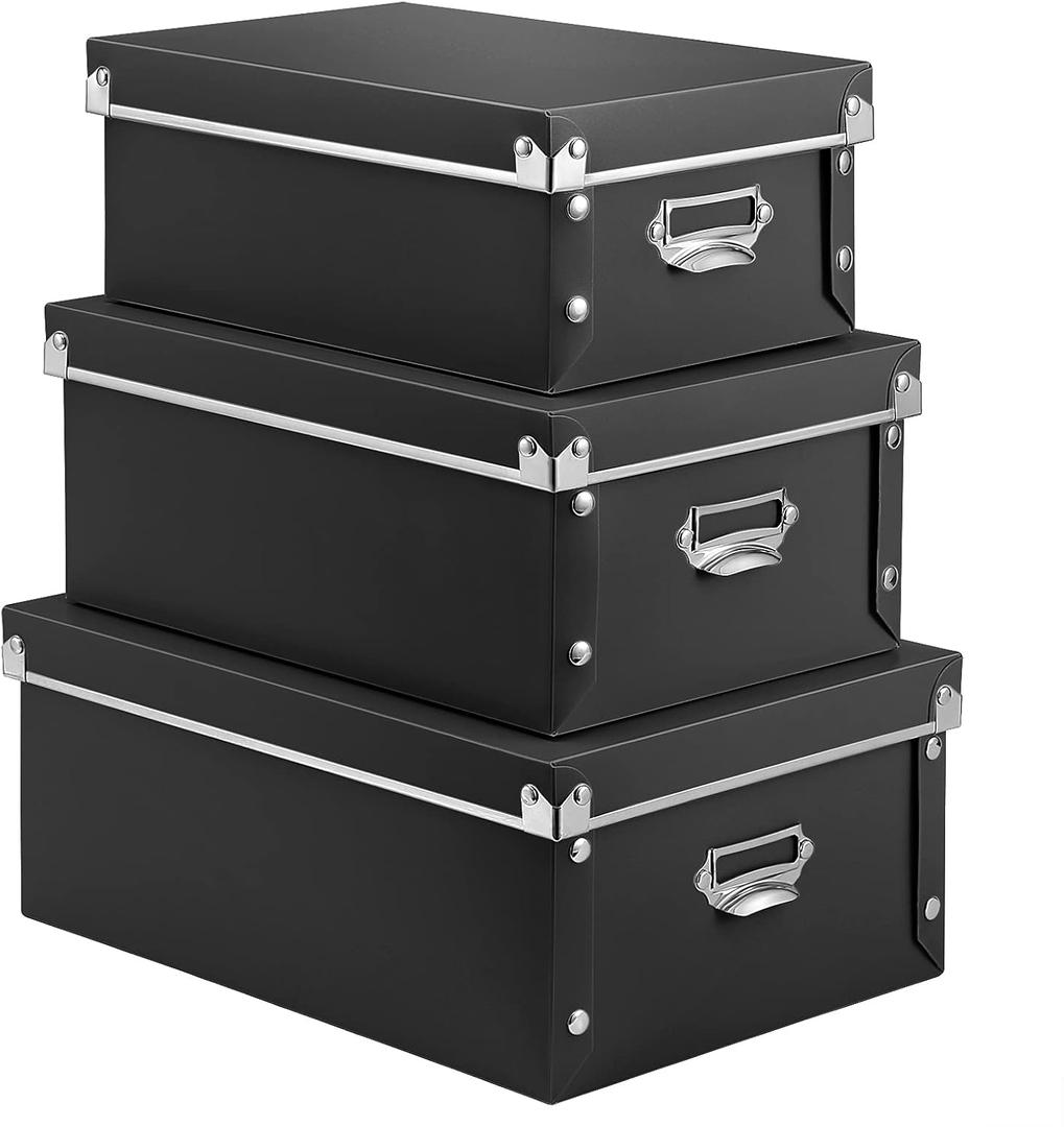 SEEKIND Storage Box, Decorative Storage Bins with Lid,3 in 1 Set,Plastic,with Handles,Press-Stud Fastening,Moisture-proof,Foldable for Space Saving Storage,for Clothes,Cosmetic,Blankets (Black)