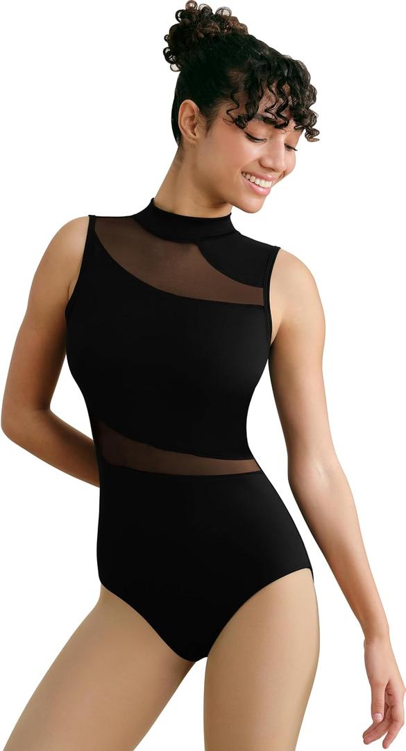 Women Mock Neck Ballet Leotards for Dance, Asymmetrical Mesh Splicing, Chest Padding, Big Hollow Back, Medium 