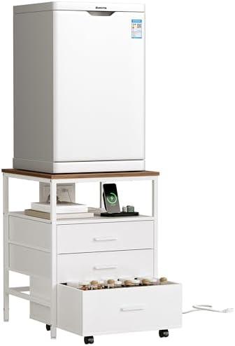 Herture Mini Fridge Stand with Storage, Ergonomic 4-Tier Organizer Mini Fridge Table with Power Outlet and Rolling Cabinet, Heavy-Duty Refrigerator Stand for Home and Office, White HB02BXW