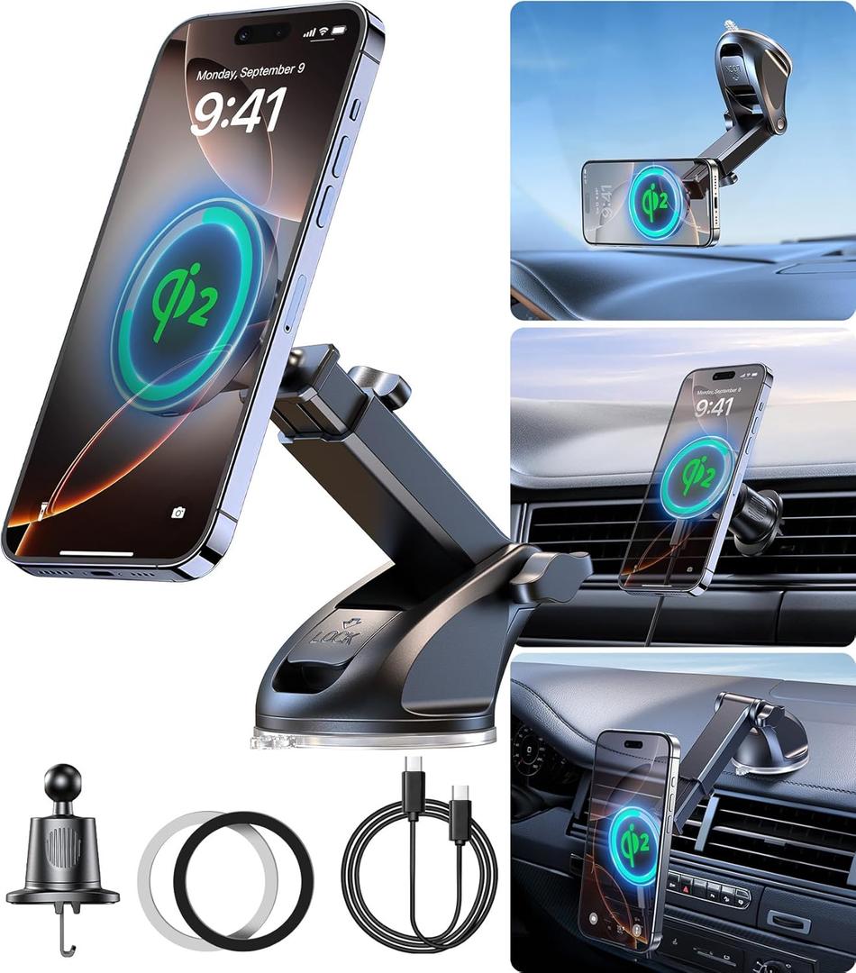 Qi2 Certified90LBS Vacuum Magnetic Suction 15W Fast Wireless Car Charger Mount for Magsafe, 360 Adjustable Arm, Dashboard/Windshield/Vent Phone Holder+Cable Organaizer for iPhone 17/16/15 Pro Max