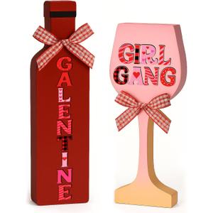 Thyle 2 Pcs Wood Galentines Day Table Decorations for Party 6 x 2 x 1.2 Inch Happy Galentines Centerpiece Bow Wine Glass Girl Gang Bottle Shaped Signs Tiered Tray Decor Photo Prop for Ladies Friends