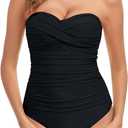 RELLECIGA Women's Tummy Control One Piece Swimsuit Bandeau Strapless Bathing Suits (Large, Black)