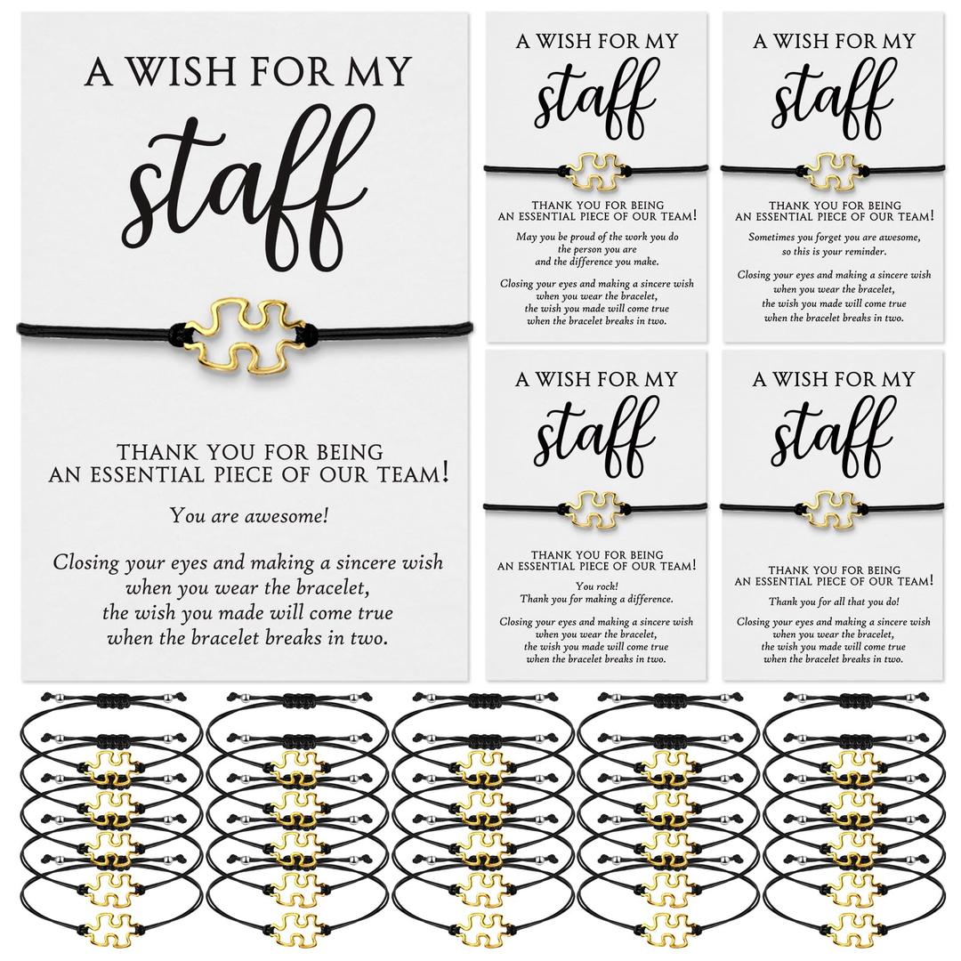 Huquary 50 Sets Staff Appreciation Gifts Bulk 2026 Team Puzzle Piece Bracelet with Thank You Postcard a Wish for My Staff Inspirational Favors for Employee Volunteers Community Events (Gold)