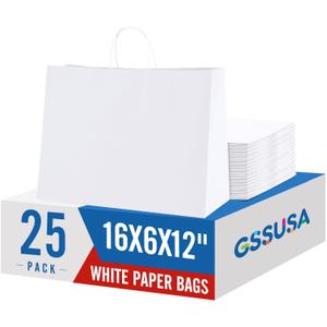 GSSUSA Large Paper Gift Bags 16x6x12'' 25Pcs White Paper Bags with Handles, Shopping Bag for Small Business, Sturdy Kraft Paper, for Boutique, Party Favor Bag, Valentine's Day Craft