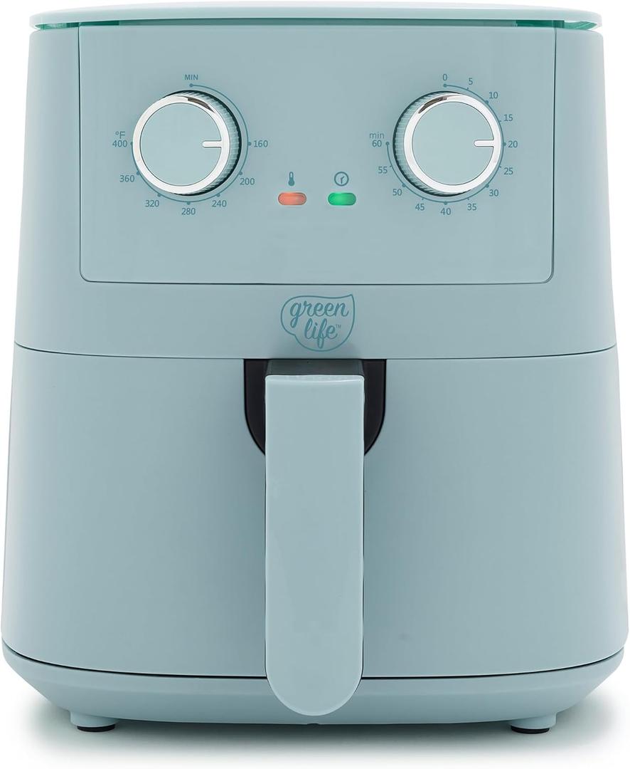 GreenLife 4.5QT Mechanical Air Fryer, PFAS-Free Ceramic Nonstick Crisper Drawer, Adjustable Temperature Timer Dial, LED Indicator, Holiday Gifting, Dishwasher Safe, Kitchen Essential, Blue Haze