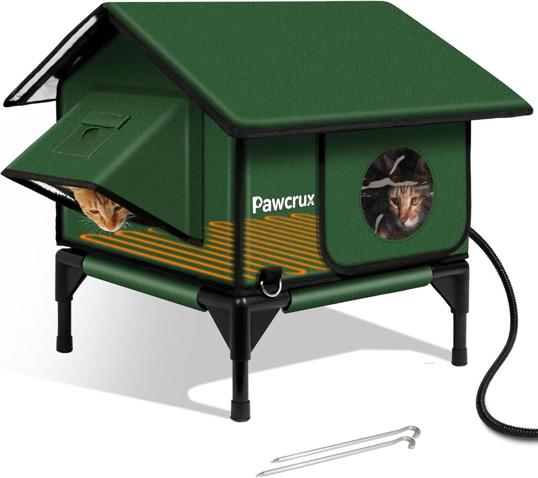 100% Waterproof Heated Cat House for Outdoor Cat with Safe Escape Door, Cat Bed Weatherproof Cat Shelter Kitty with Cat Heating Pad, Insulated Warm House for Feral Cat(Green, 16.1"x16.1"x19.2")