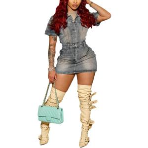 Ryehack Women's Summer Casual Denim Dress Bodycon Short Sleeve Bodycon 1/2 Button Sexy Mini Casual Jean Dress (Medium, Blue)