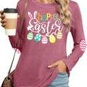 Easter Shirt for Women: Happy Easter Shirts Bunny Shirt Cute Rabbit Graphic T Shirts Casual Long Sleeve Tee Tops(Pink1, Small)