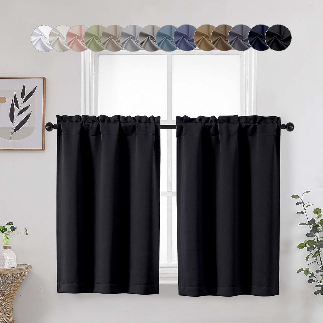 Cafe Curtains Tier 36 Inch Length 2 Panels, Short Thermal Insulated Room Darkening Small Kitchen Window Blackout Curtains Over Sink for Bathroom Basement, Black, Each 30" Wx36 L