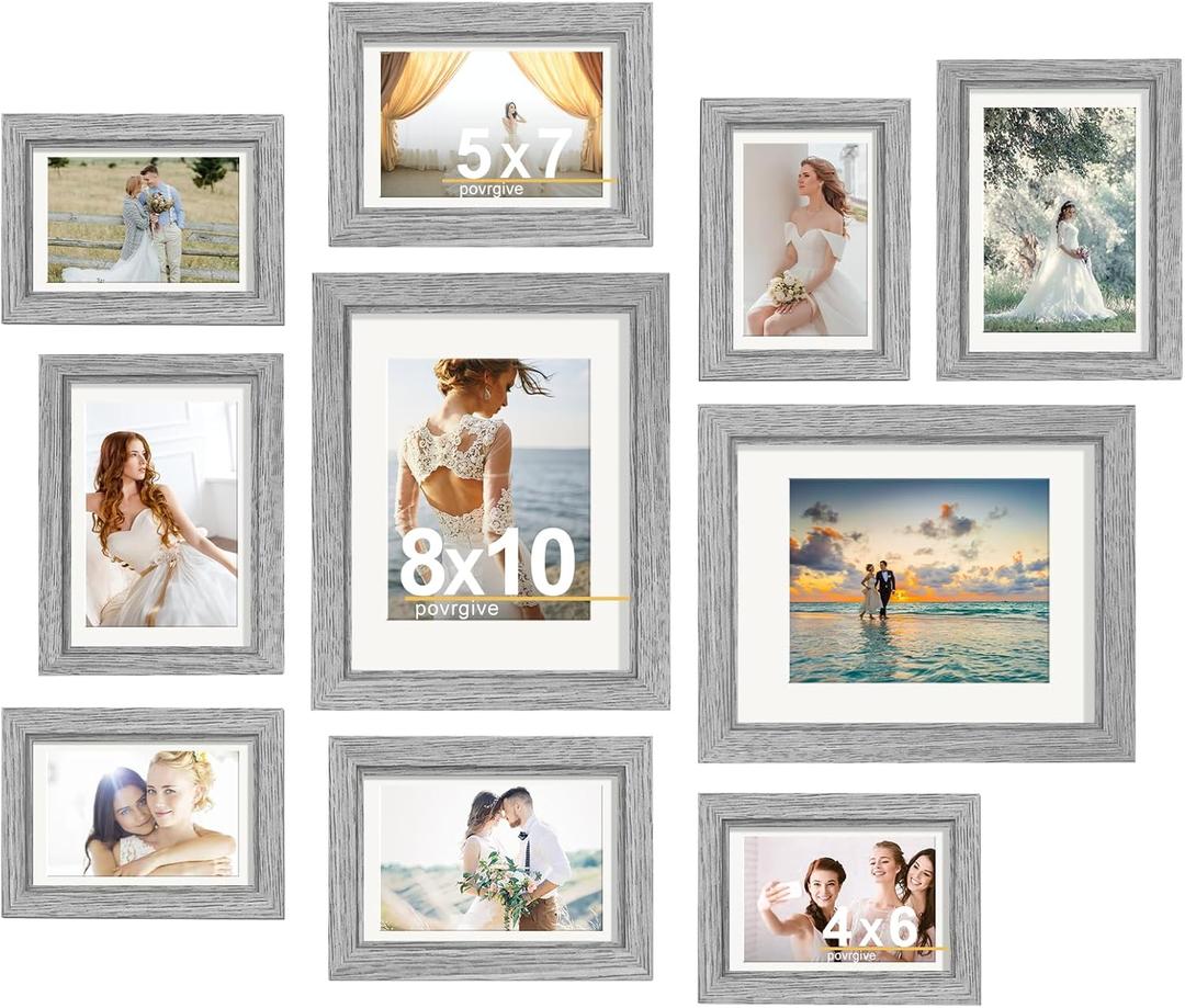 Picture Frames, Made of Real Glass and Wooden Frame, Gallery Photo Frames Set of 10 for Collage Wall Decor, Multi Sizes Including 8x10, 5x7, 4x6 for Mounting or Tabletop Display, Gray