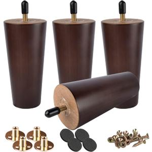 5 inch Solid Wood Furniture Legs, 4Pcs Mid-Century Modern Walnut Wooden Replacement Feet with Threaded 5/16'' Hanger Bolts & Mounting Plate & Screws for Sofa Couch Armchair Cabinet TV Stand