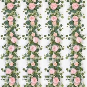 SOMYTING Artificial Flower Garlands Eucalyptus Garlands with Flowers Rose Peony Flower Vine Faux Floral Garland for Wedding Party Arch Table Wall Backdrop Decoration (Light Pink, 4PCS)