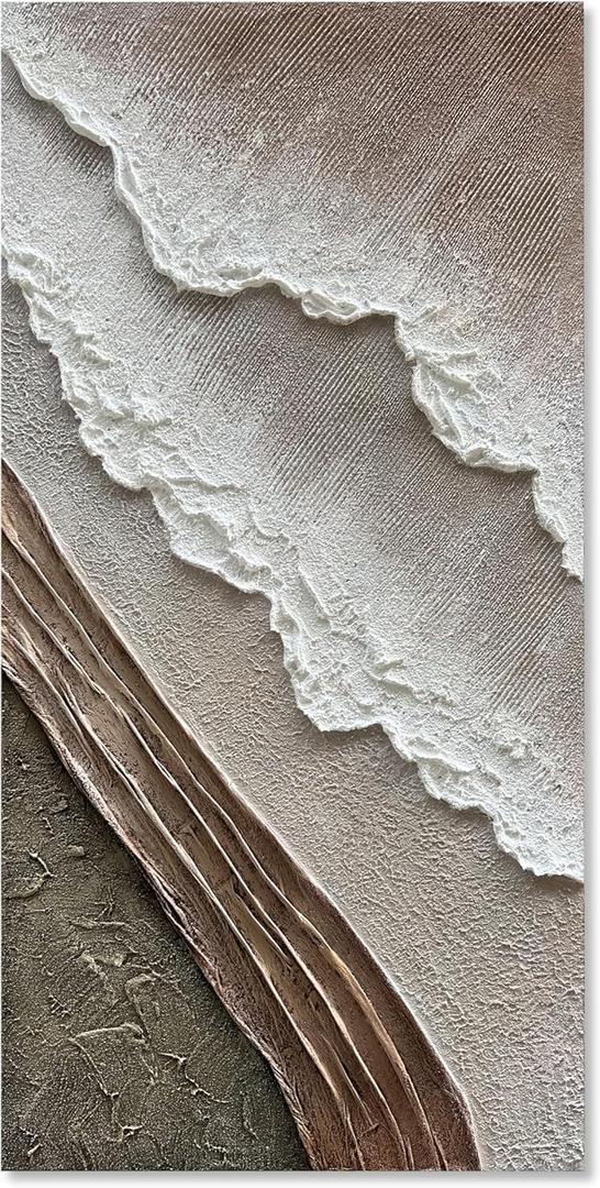 Hand Painted Thick Texture Art Oil Painting on Brown and White Beach Waves Landscape Art Home Wall Decorative Painting 48x24 Inches (Eft150)