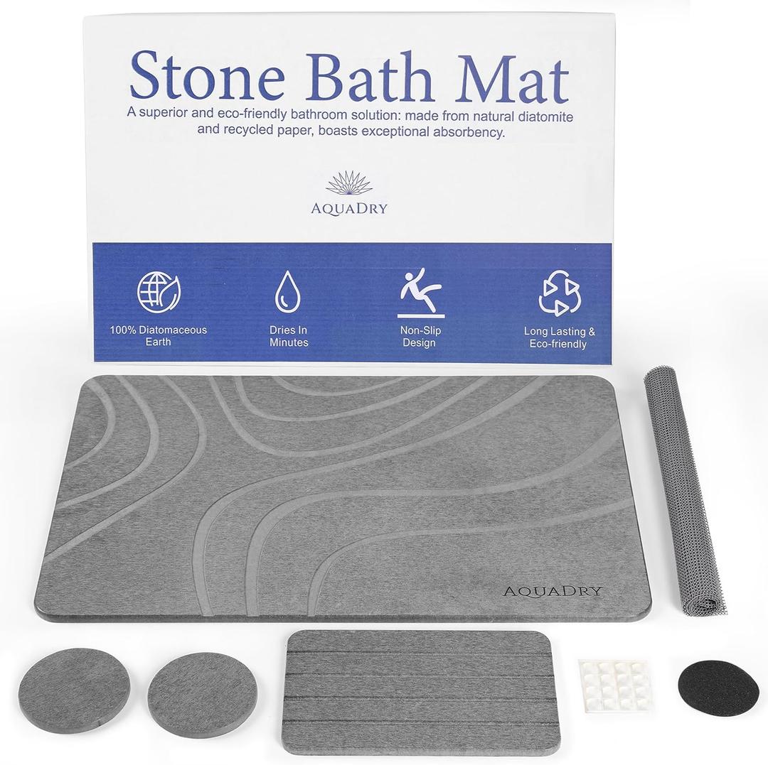 AquaDry Stone Bath Mat - Diatomaceous Stone Shower Mat, Ultra-Absorbent, Non-Slip, Eco-Friendly Large Stone Bath Mat, Diatomaceous Earth Bath Mat Large for Bathroom