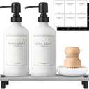 NEECZS Kitchen Soap Dispenser Set with Instant Dry Tray, 16 Oz Hand and Dish Soap White Glass Dispenser Set, Stainless Steel Pump, Waterproof Labels, Dish Brush, Luxury Soap Bottle for Kitchen, Bathroom
