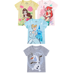 Disney  Princess Ariel, Cinderella, Belle, and Olaf, 4 Piece Short Sleeve T-Shirt for Toddler and Big Kids (Purple/Grey/Blue)