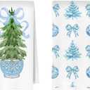 Chinoiserie Christmas Kitchen Towels Set - Blue Bow Coquette Christmas Tree Dish Towels, Blue Christmas Hand Towel for Bathroom Kitchen, Grandmillennial Decor, 16x24 Inches Set of 2