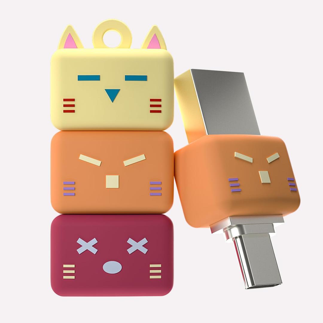 Bilious USB Type C Flash Drive, 2 in 1 OTG Dual USB 3.0 Flash Drive, Jenna Cat Design Cute Thumb Drive, Waterproof & Small Size Memory Stick (64GB, Yellow)