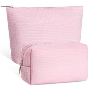 2 Pcs Waffle Makeup Bag Pink Travel Cosmetic Bag Waffle Plaid Make up Pouch with Zipper Aesthetic Toiletry Case Weeding Gifts for Bridesmaid, Women, 2 Styles
