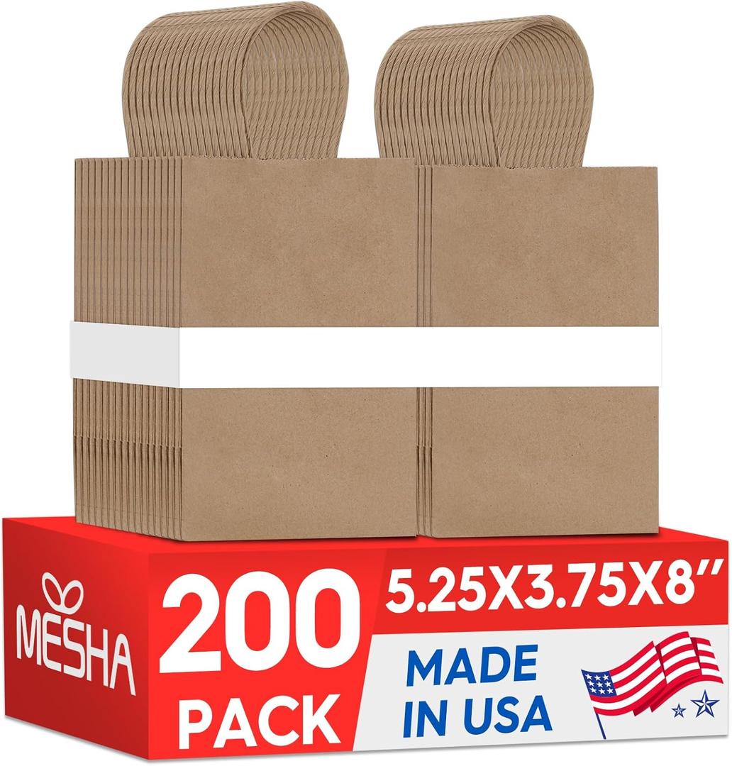 MESHA Kraft Gift Bags 200 Pack 5.25x3.75x8 Inch Small Brown Paper Bags with Handles Bulk for Small Business,Birthday,Party,Wedding,Retail,Shopping Bag (Made in USA)
