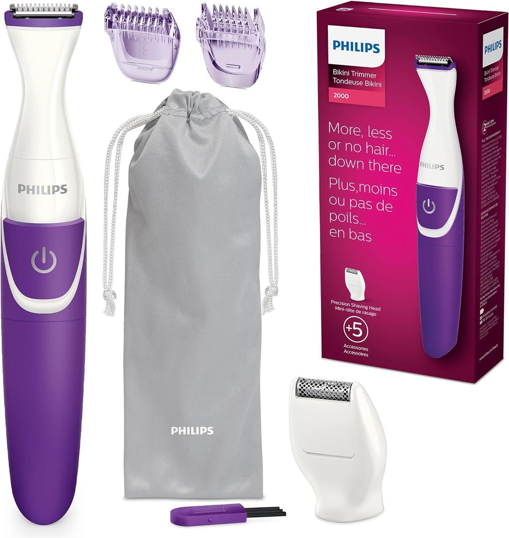 Philips Beauty Bikini Genie Cordless Trimmer for Bikini Line Hair Removal, with Shaving Head and Comb, BRT383/50 (1 Count (Pack of 1), Purple and White)